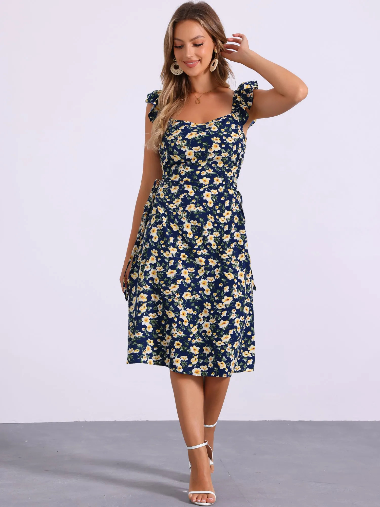 Floral Cherry Print Lace-up Square Neck Ruffle Midi Dress Sundress