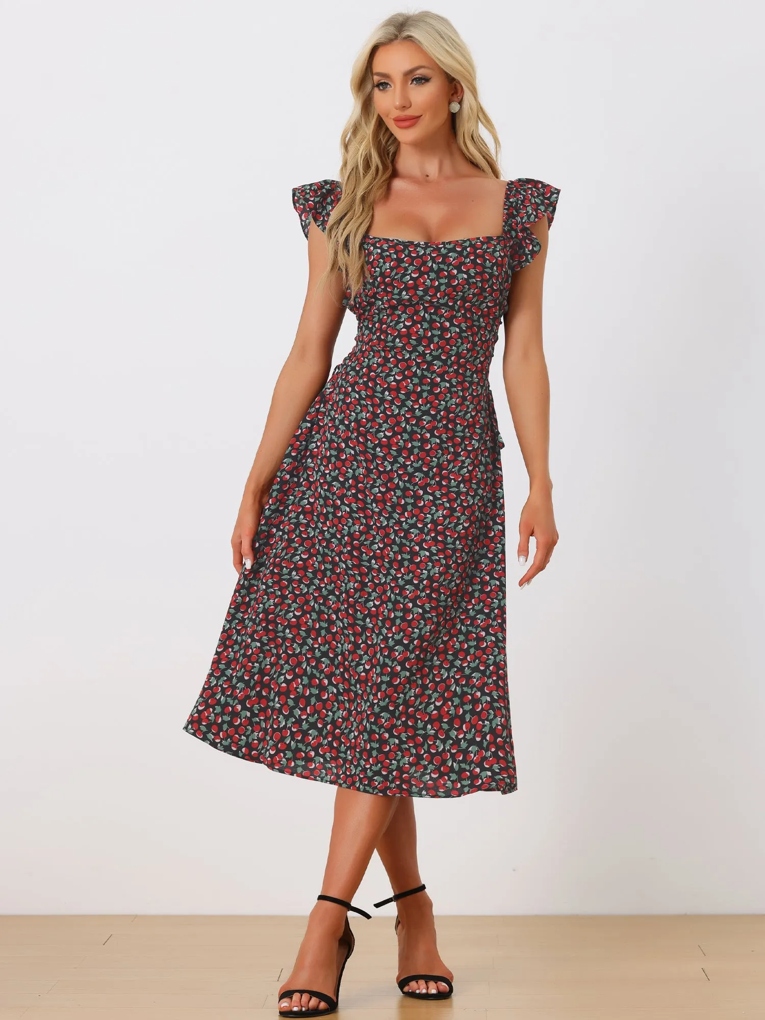 Floral Cherry Print Lace-up Square Neck Ruffle Midi Dress Sundress