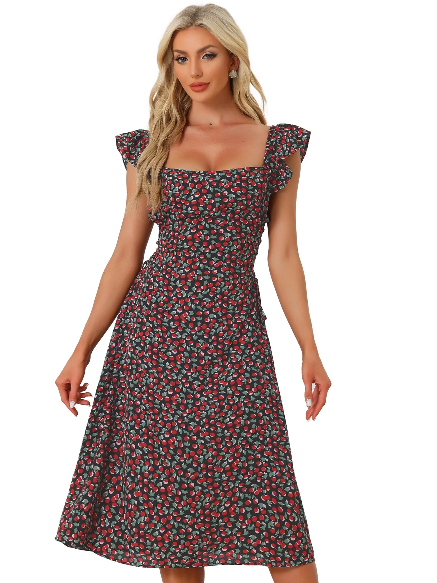 Floral Cherry Print Lace-up Square Neck Ruffle Midi Dress Sundress