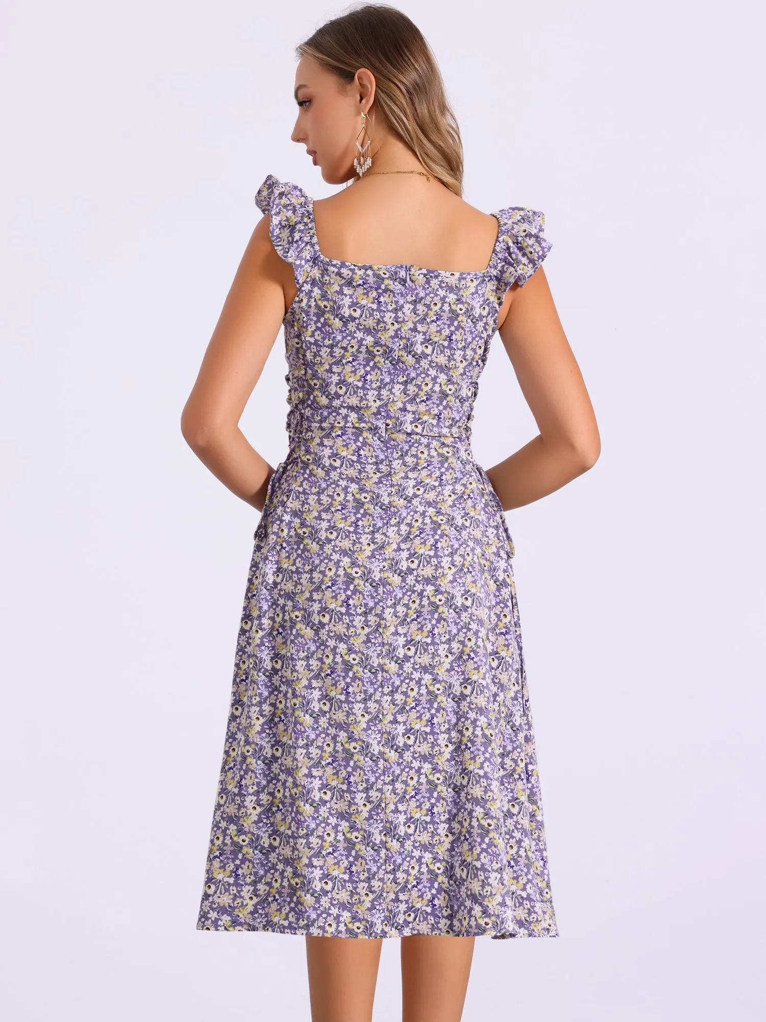 Floral Cherry Print Lace-up Square Neck Ruffle Midi Dress Sundress