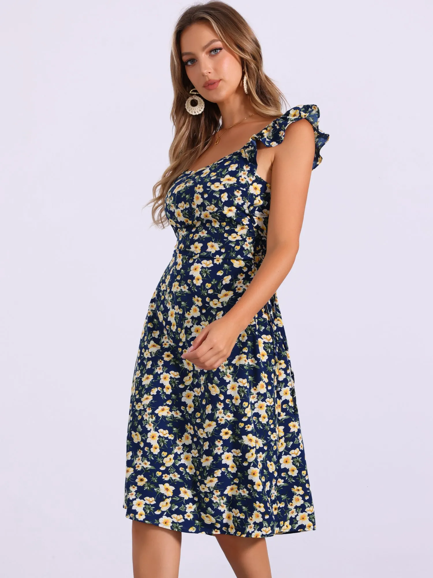 Floral Cherry Print Lace-up Square Neck Ruffle Midi Dress Sundress