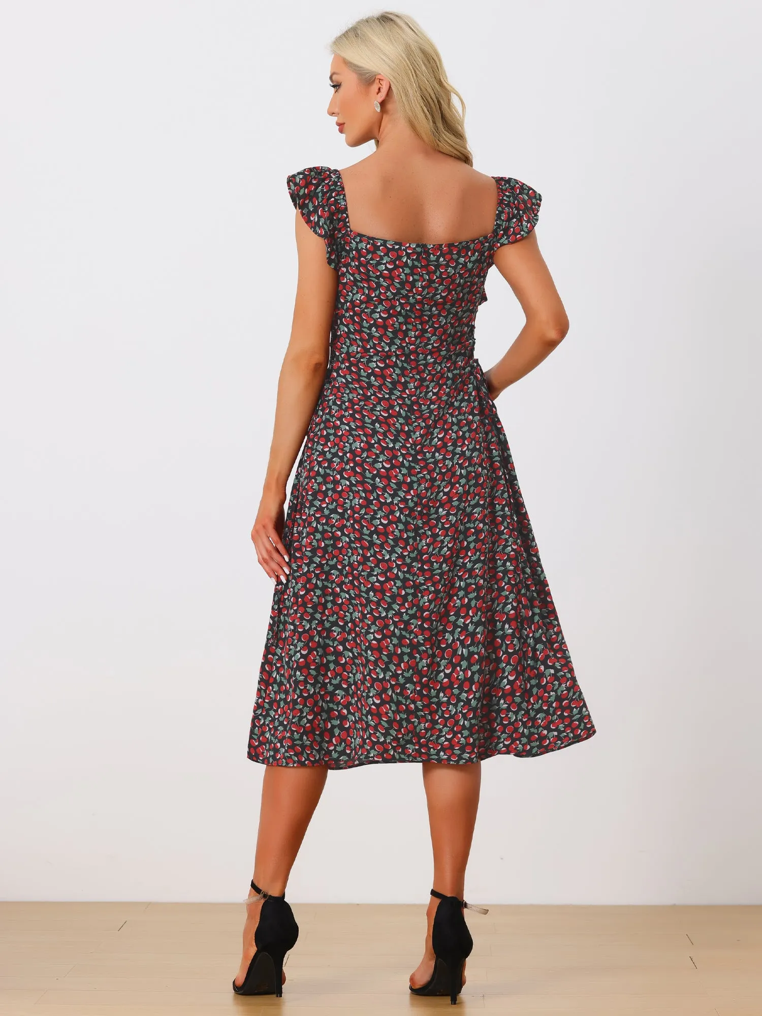 Floral Cherry Print Lace-up Square Neck Ruffle Midi Dress Sundress