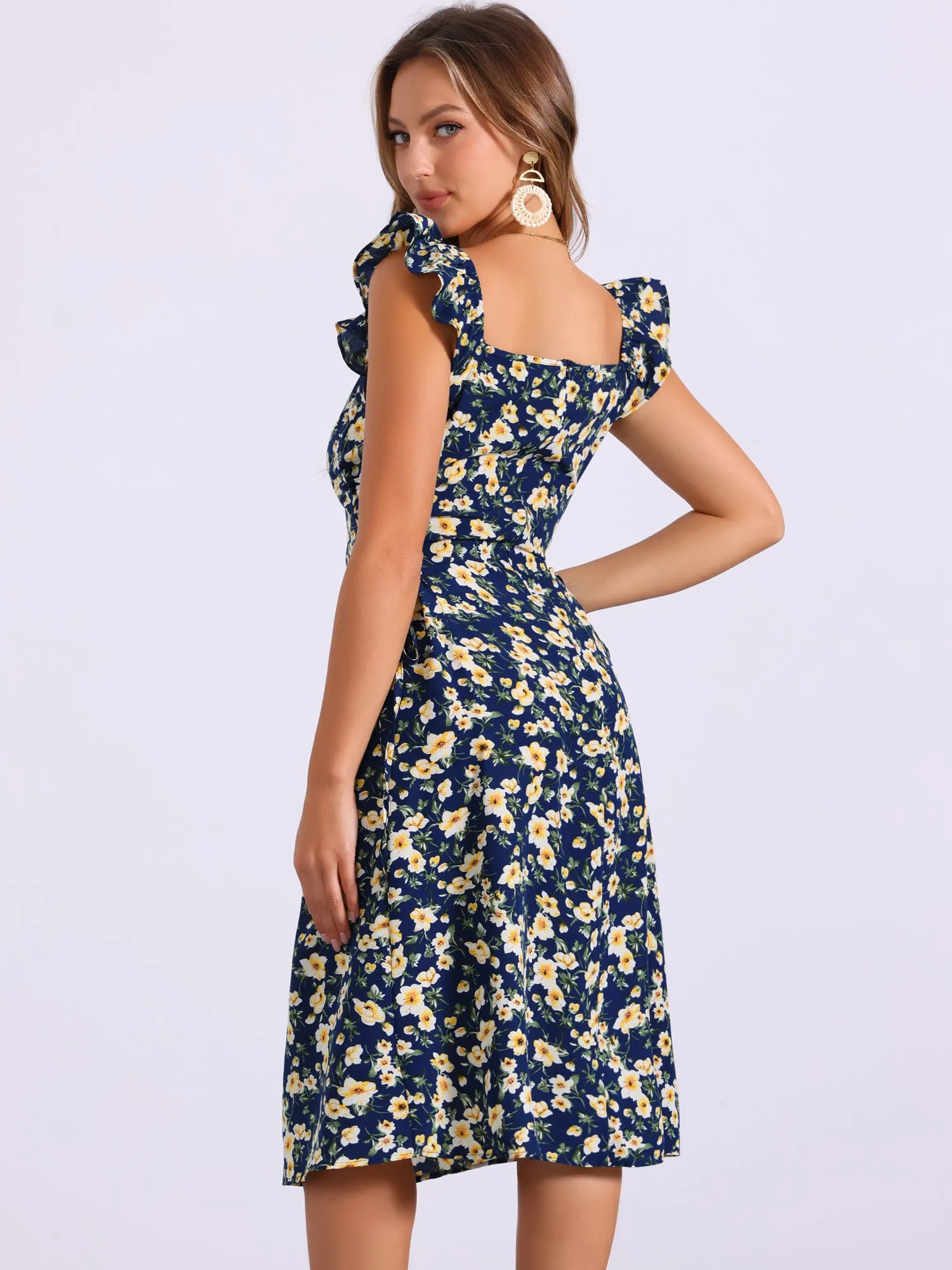 Floral Cherry Print Lace-up Square Neck Ruffle Midi Dress Sundress