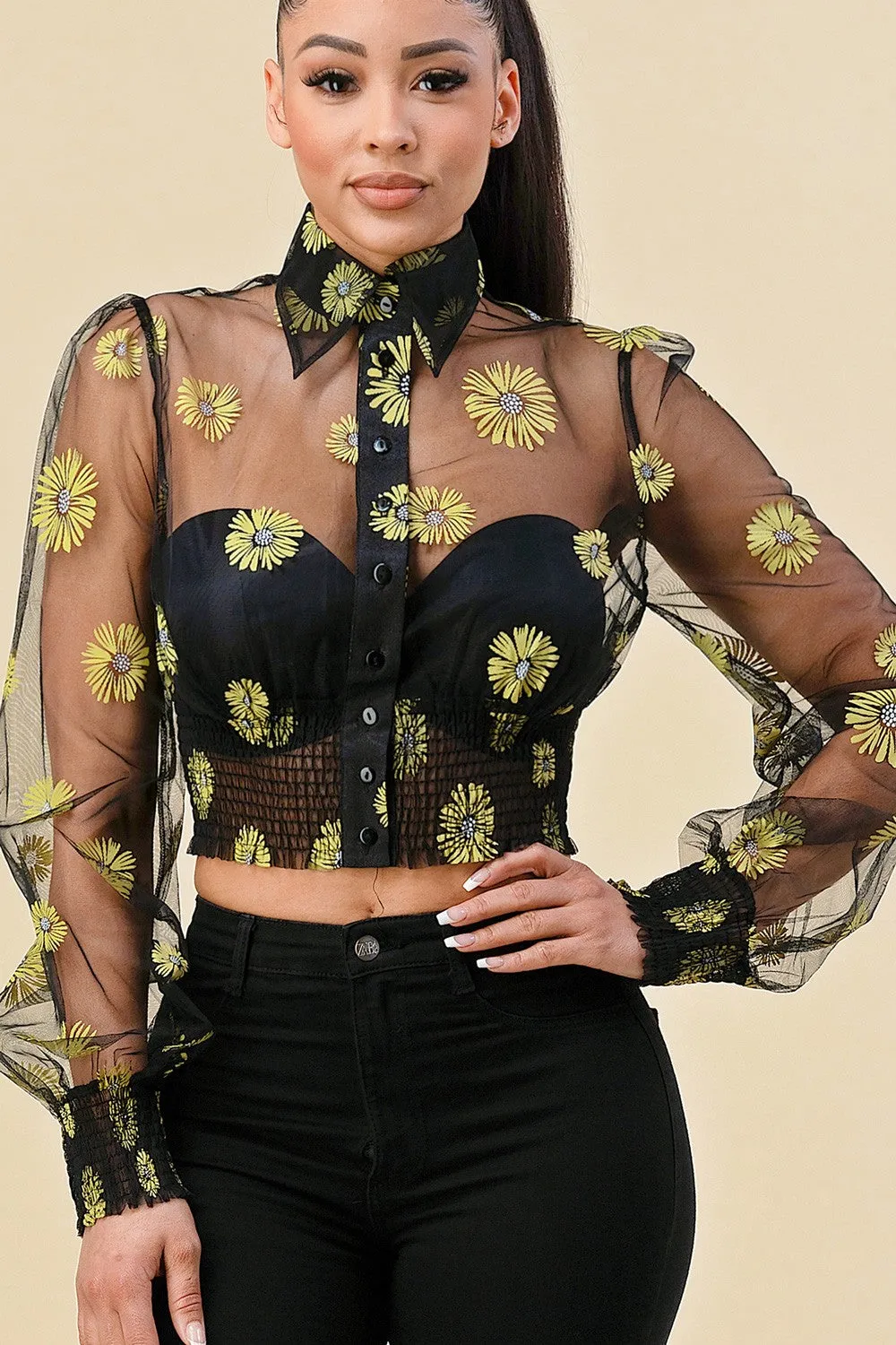 Floral Long Sleeve Sheer Top