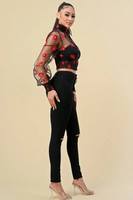 Floral Long Sleeve Sheer Top