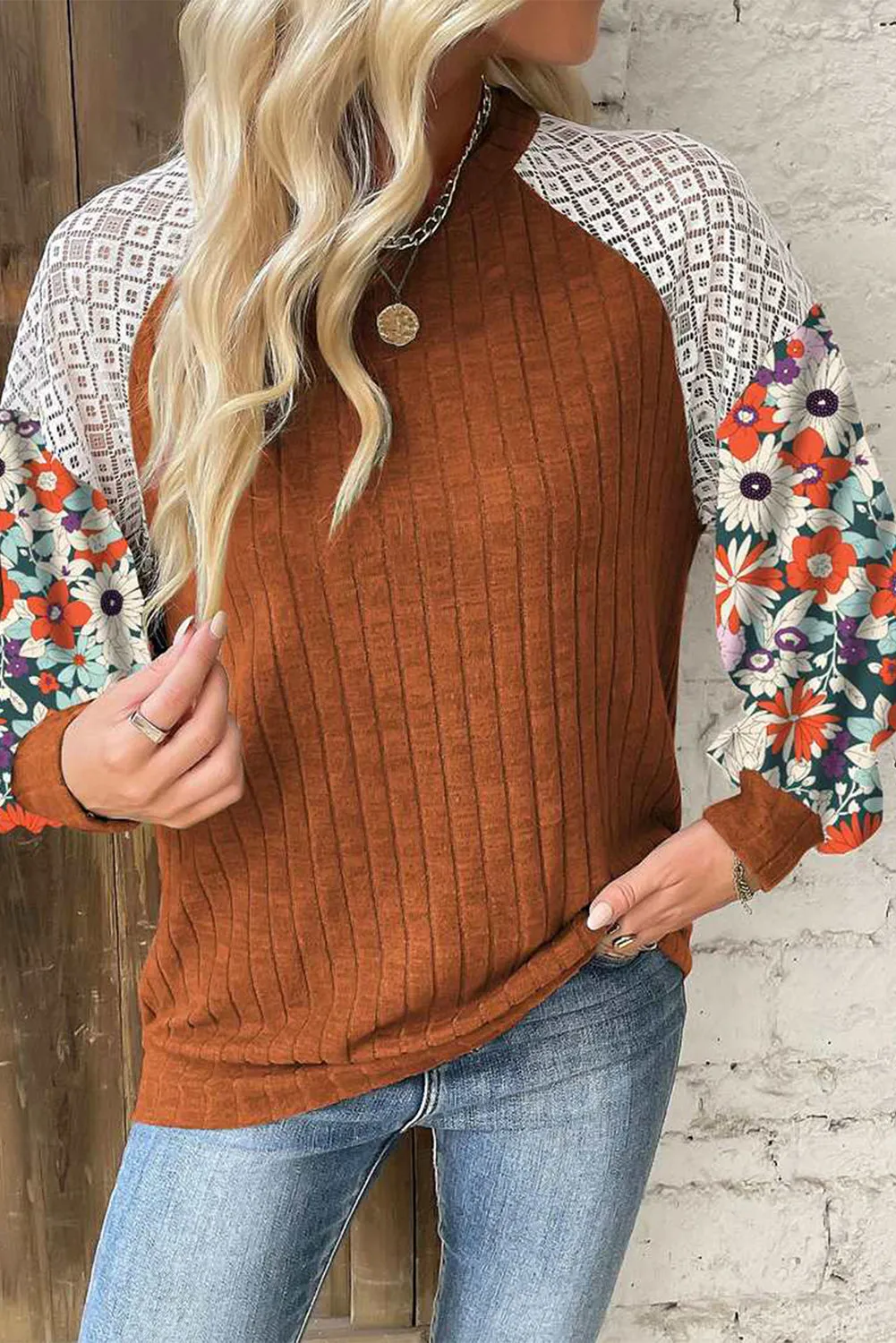Floral Patchwork Long Sleeve Ribbed Blouse