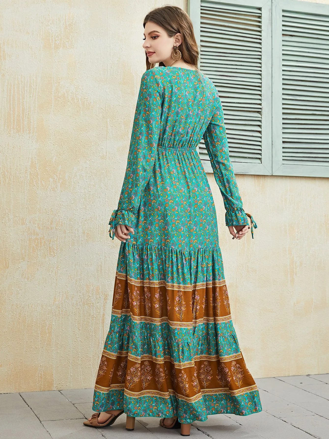 Floral Print Knot Front Flounce Sleeve Ruffle Hem Maxi Dress