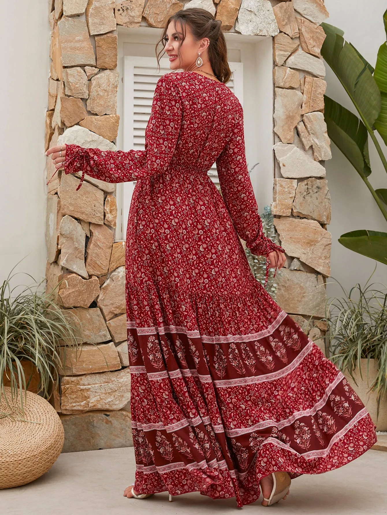 Floral Print Knot Front Flounce Sleeve Ruffle Hem Maxi Dress