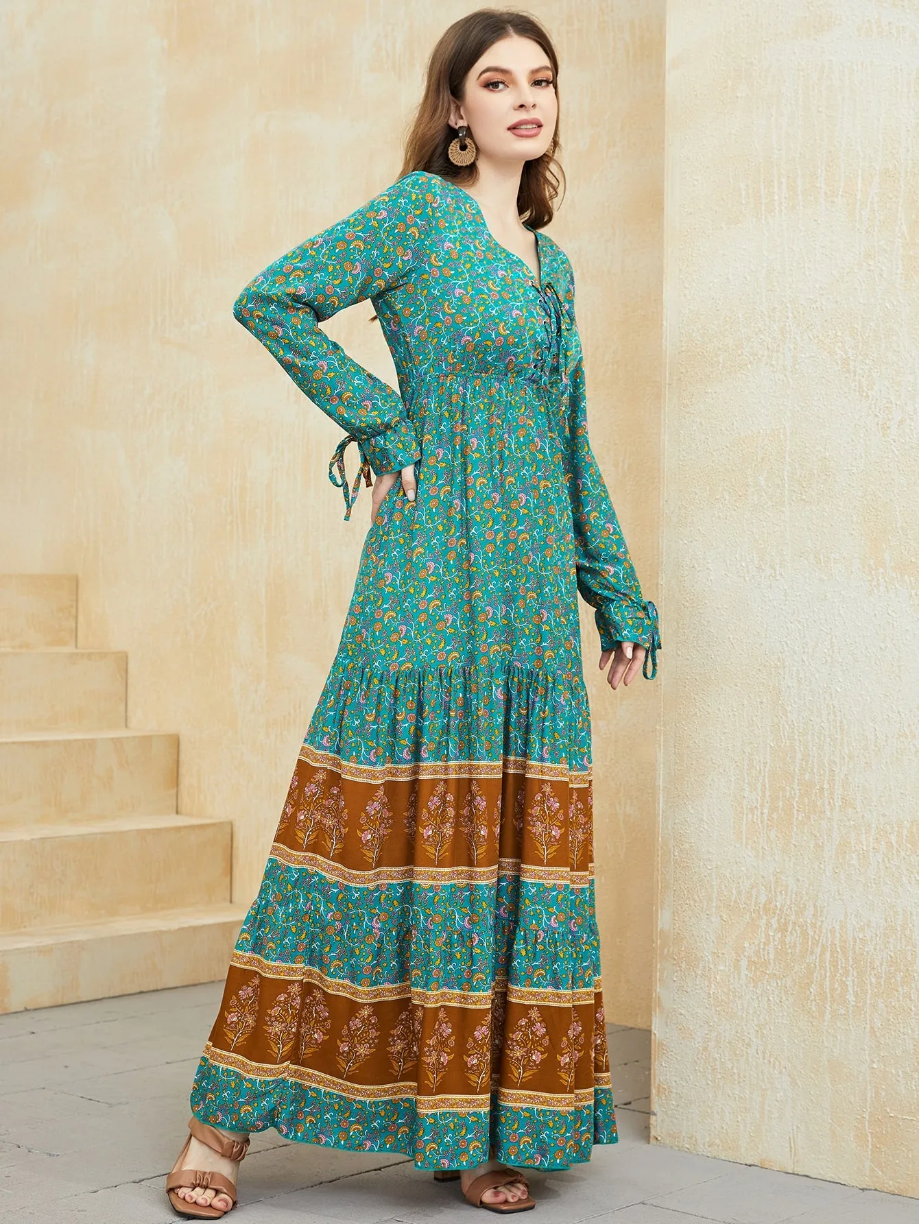 Floral Print Knot Front Flounce Sleeve Ruffle Hem Maxi Dress