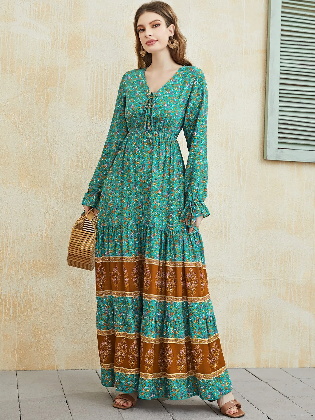 Floral Print Knot Front Flounce Sleeve Ruffle Hem Maxi Dress