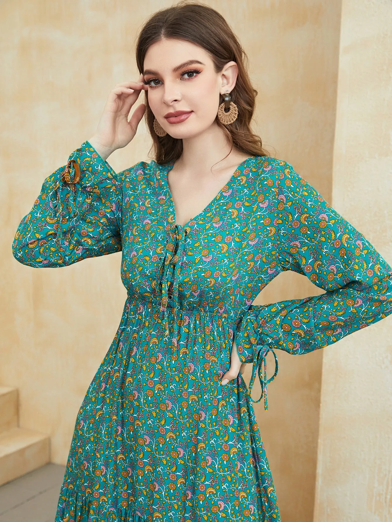 Floral Print Knot Front Flounce Sleeve Ruffle Hem Maxi Dress
