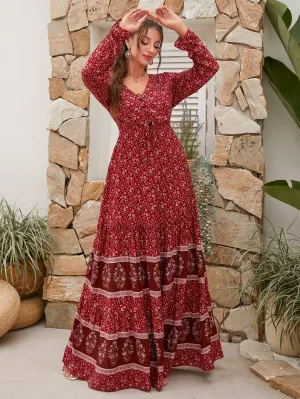 Floral Print Knot Front Flounce Sleeve Ruffle Hem Maxi Dress
