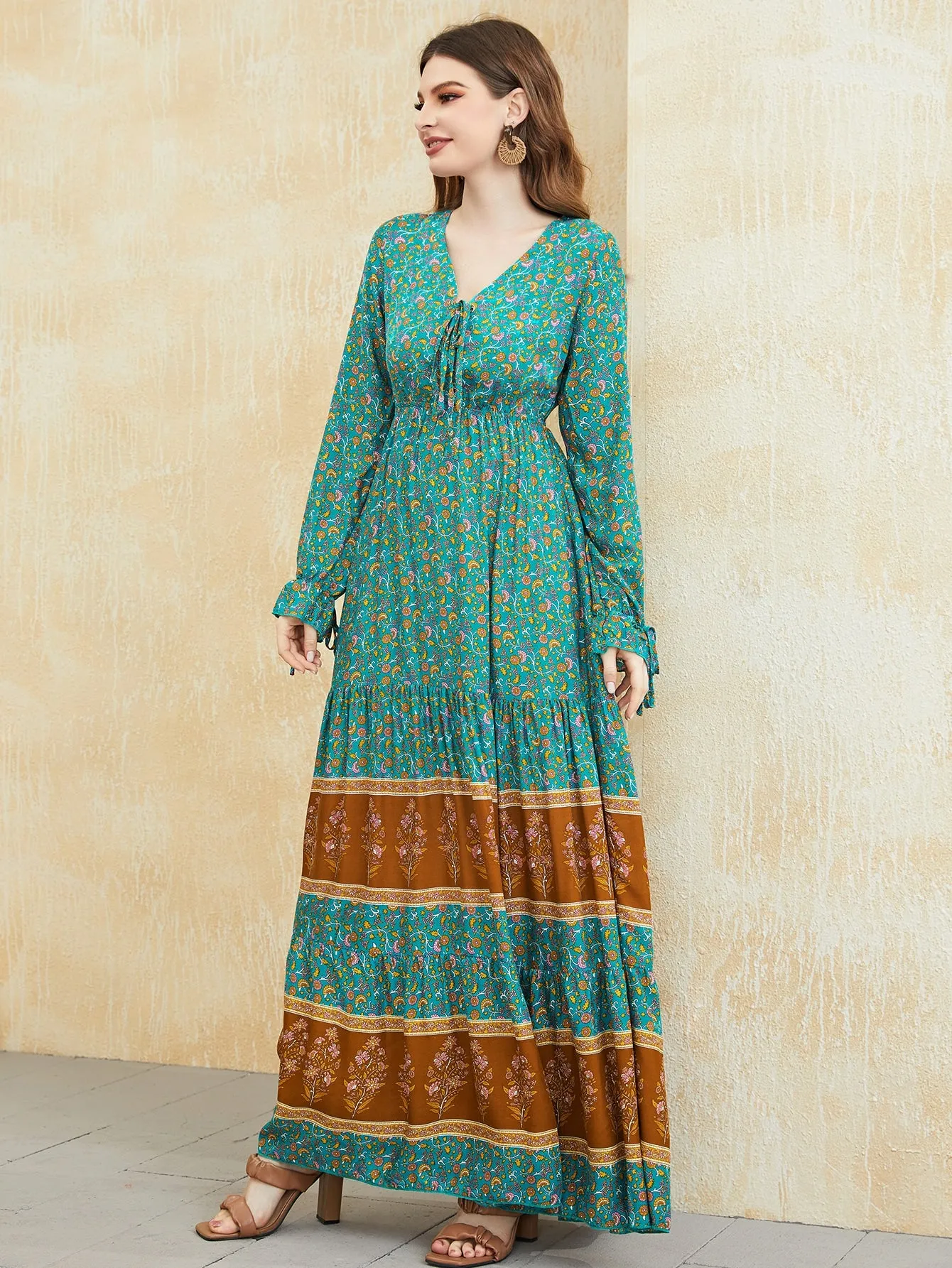 Floral Print Knot Front Flounce Sleeve Ruffle Hem Maxi Dress