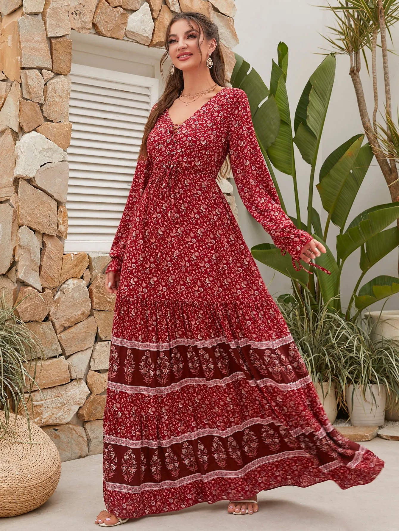 Floral Print Knot Front Flounce Sleeve Ruffle Hem Maxi Dress