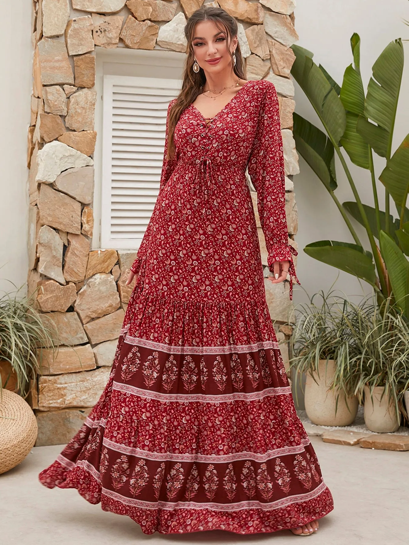 Floral Print Knot Front Flounce Sleeve Ruffle Hem Maxi Dress