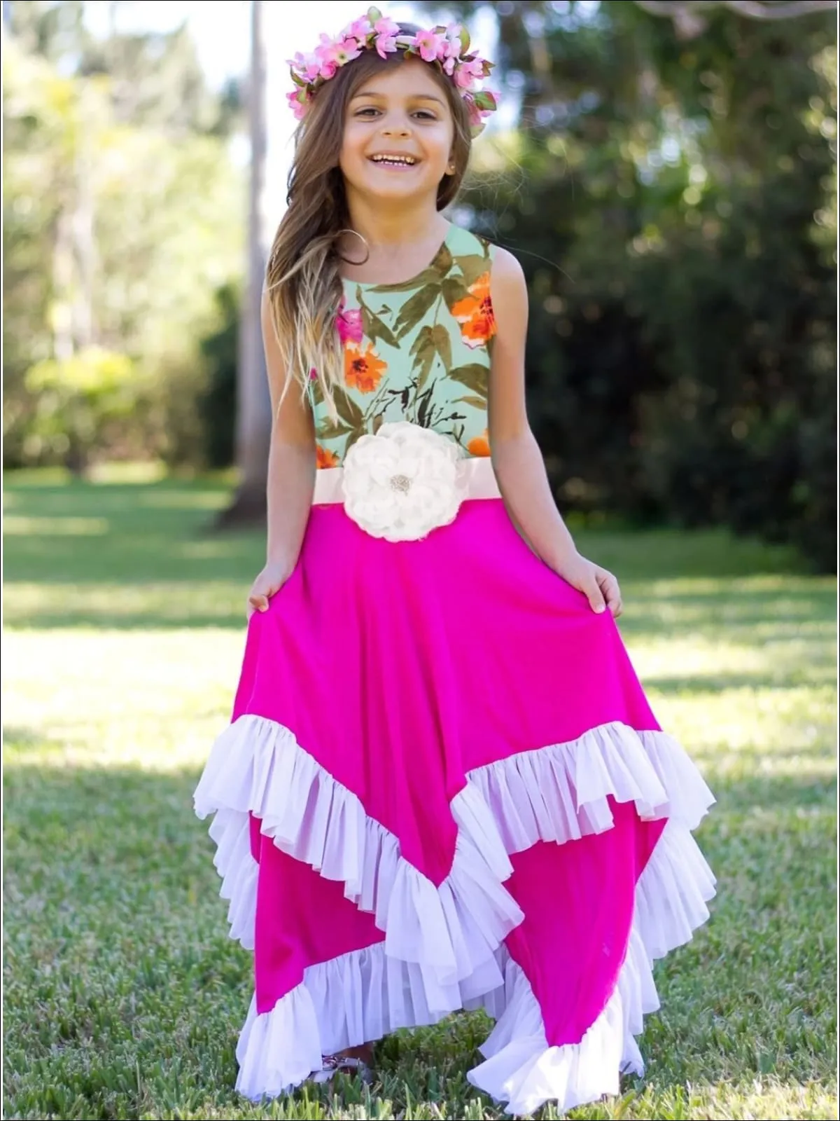 Girls Mint Floral And Fuchsia Handkerchief Dress