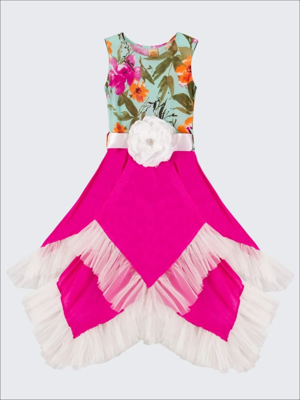 Girls Mint Floral And Fuchsia Handkerchief Dress