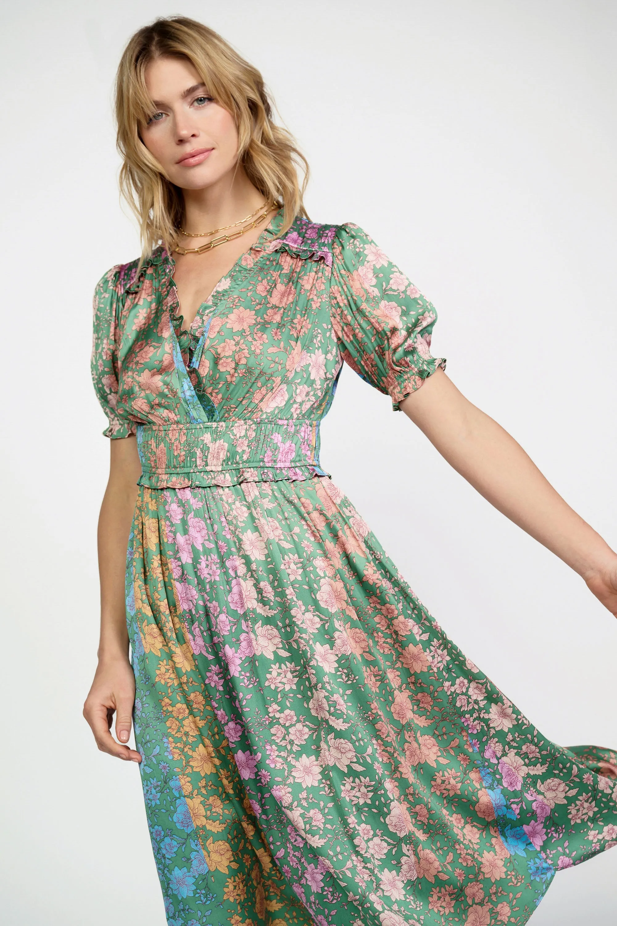 Gradient Floral Surplice Midi Dress