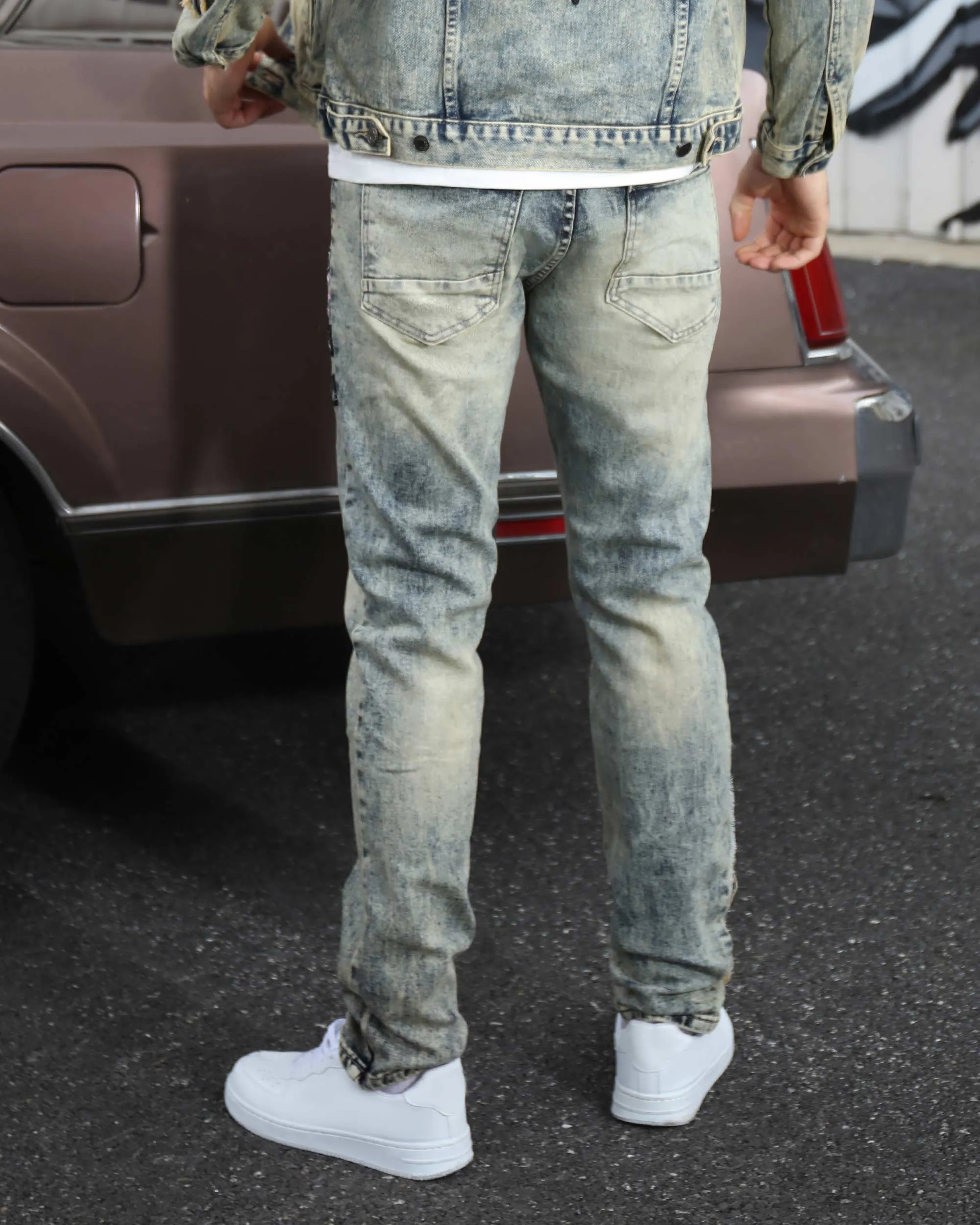 Graffiti Dark Washed Straight Leg Blue Ripped Jeans-Mexico Local Delivery