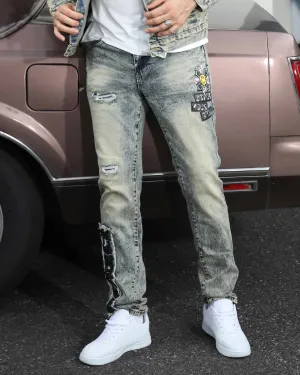 Graffiti Dark Washed Straight Leg Blue Ripped Jeans-Mexico Local Delivery