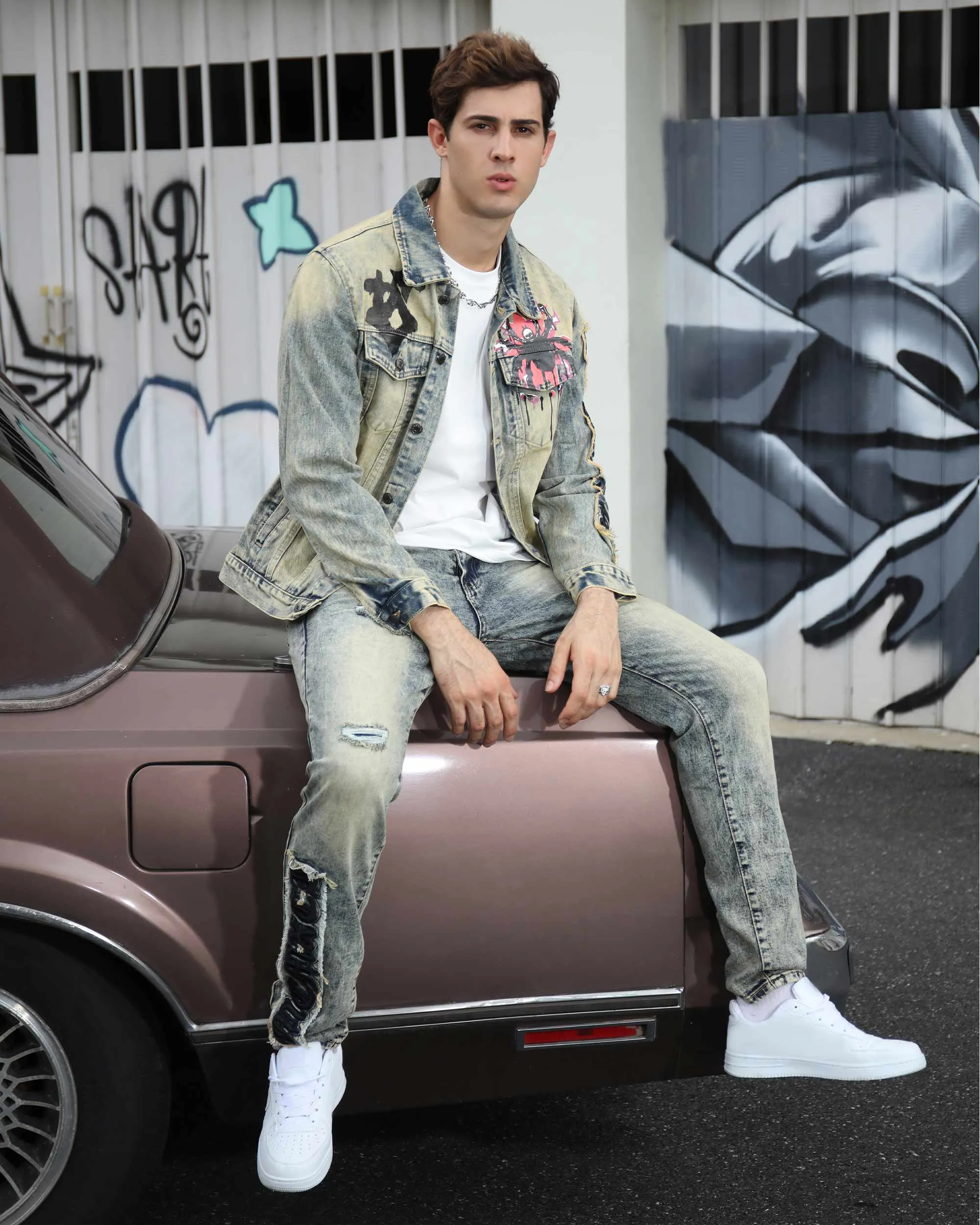 Graffiti Dark Washed Straight Leg Blue Ripped Jeans-Mexico Local Delivery