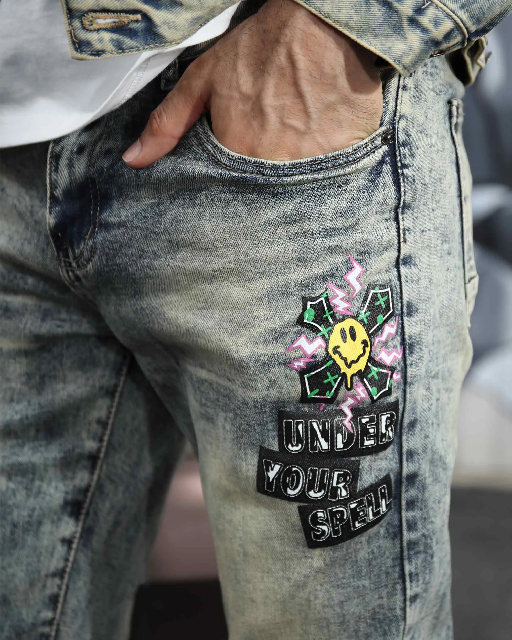Graffiti Dark Washed Straight Leg Blue Ripped Jeans-Mexico Local Delivery