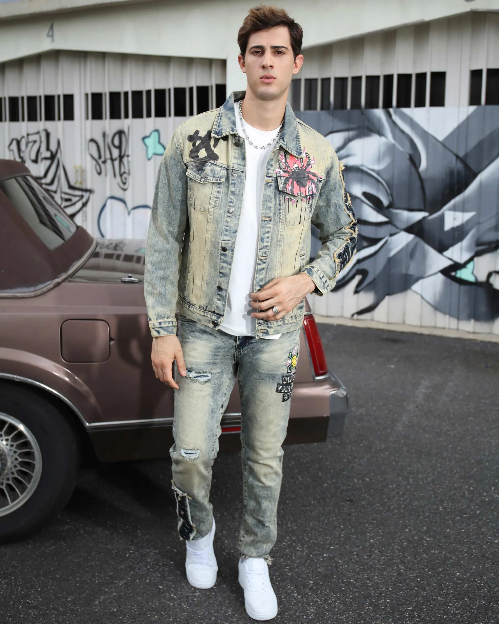 Graffiti Dark Washed Straight Leg Blue Ripped Jeans-Mexico Local Delivery