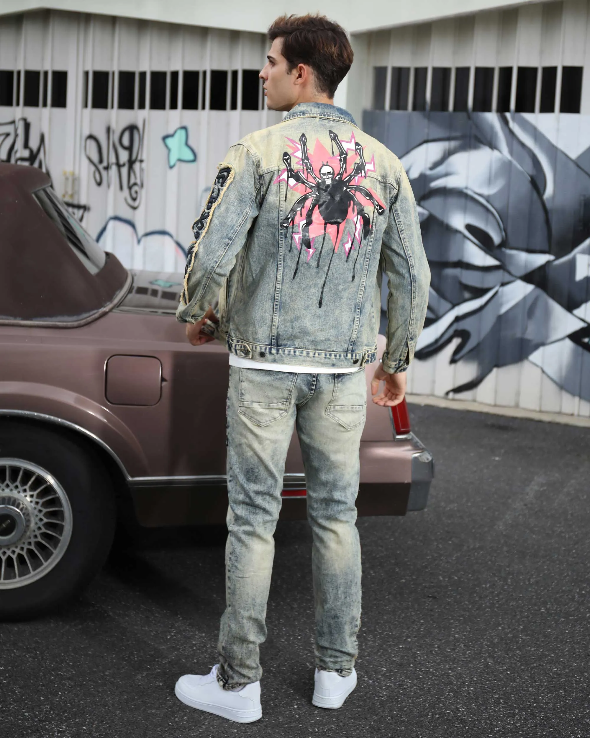 Graffiti Dark Washed Straight Leg Blue Ripped Jeans-Mexico Local Delivery