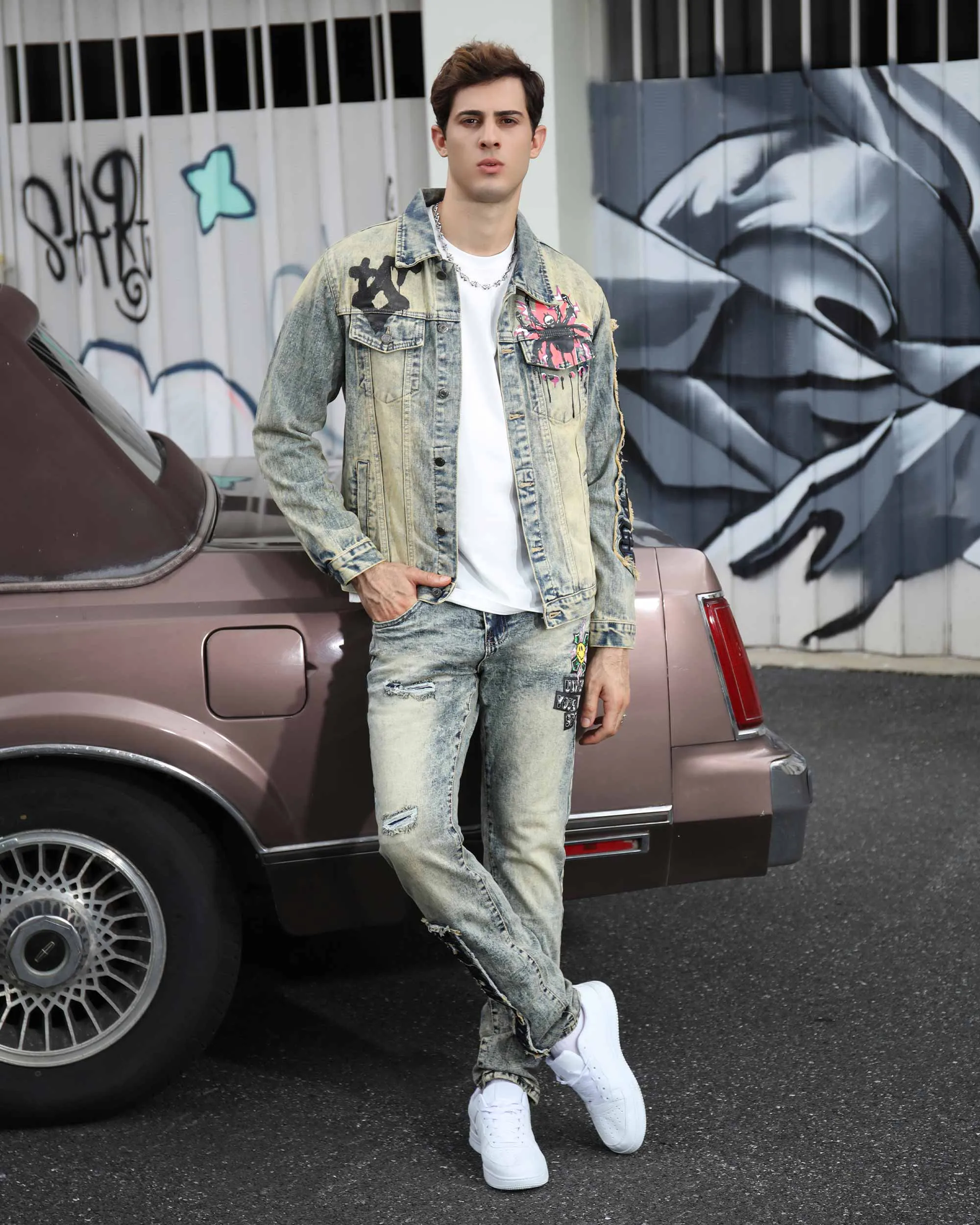 Graffiti Dark Washed Straight Leg Blue Ripped Jeans-Mexico Local Delivery