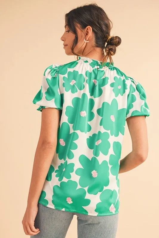 Green Floral Puff Sleeve Frill Neckline Blouse