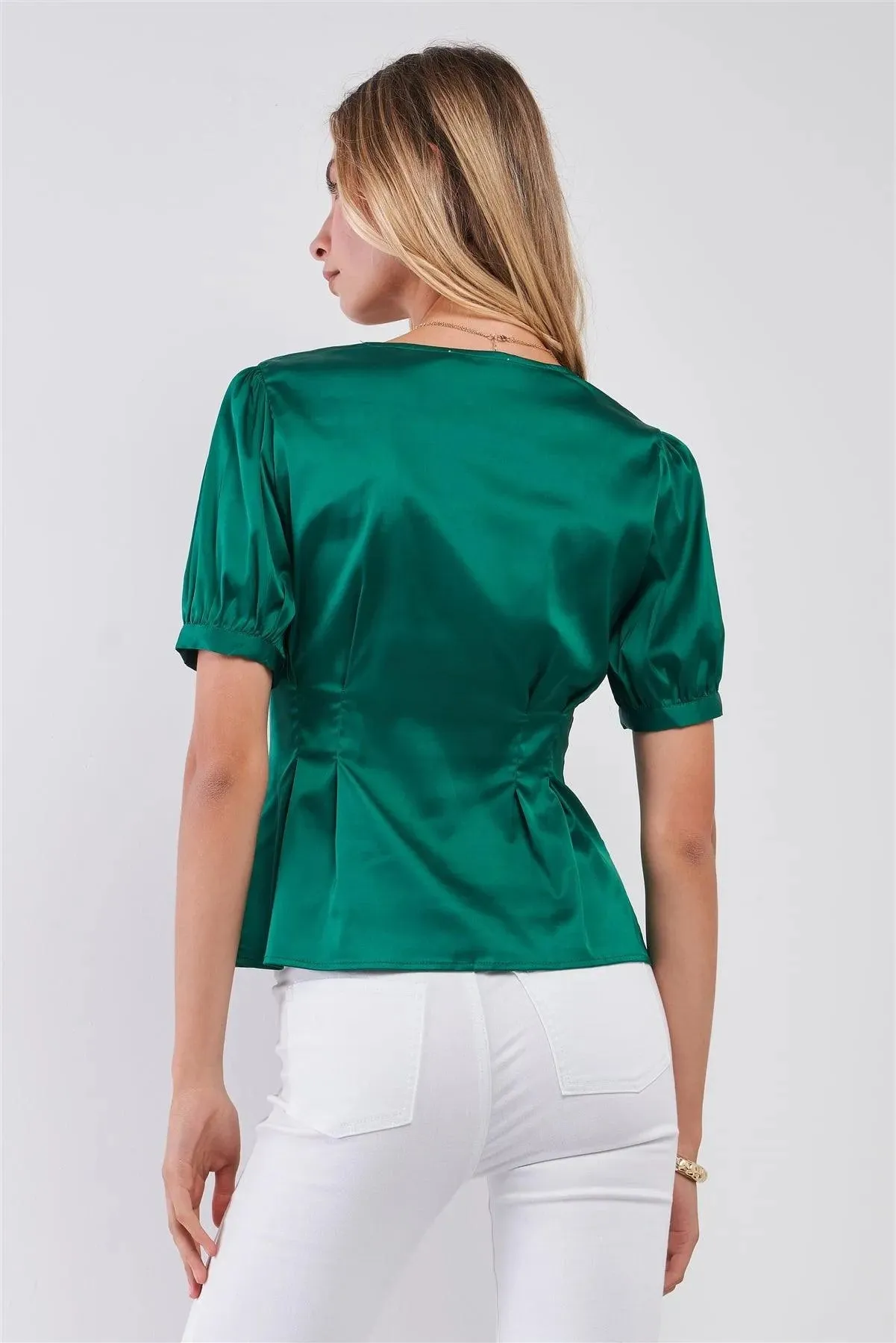 Green Satin Short Puff Sleeve V-Neck Button-Down Blouse /3-2-1