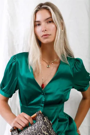 Green Satin Short Puff Sleeve V-Neck Button-Down Blouse /3-2-1