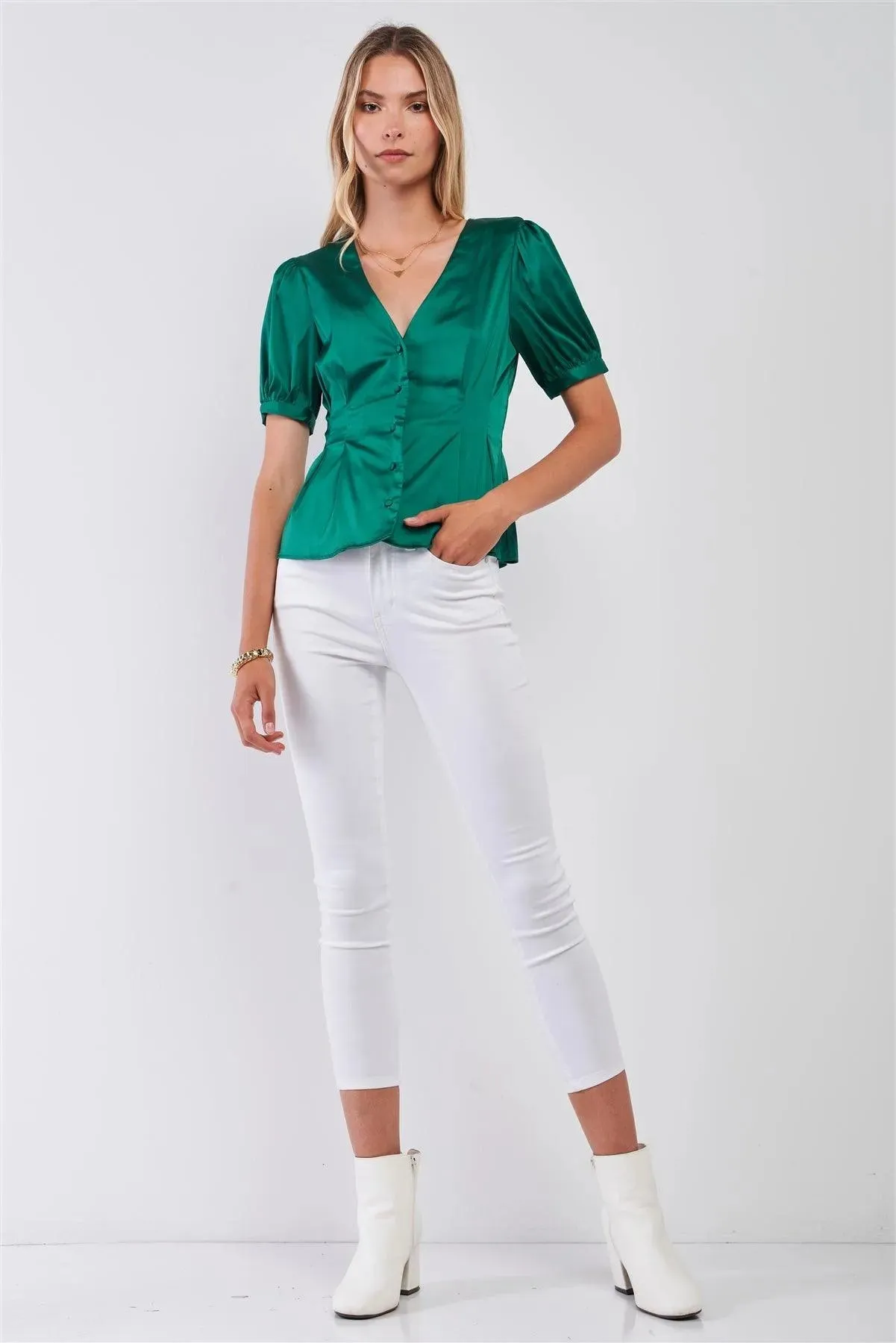Green Satin Short Puff Sleeve V-Neck Button-Down Blouse /3-2-1
