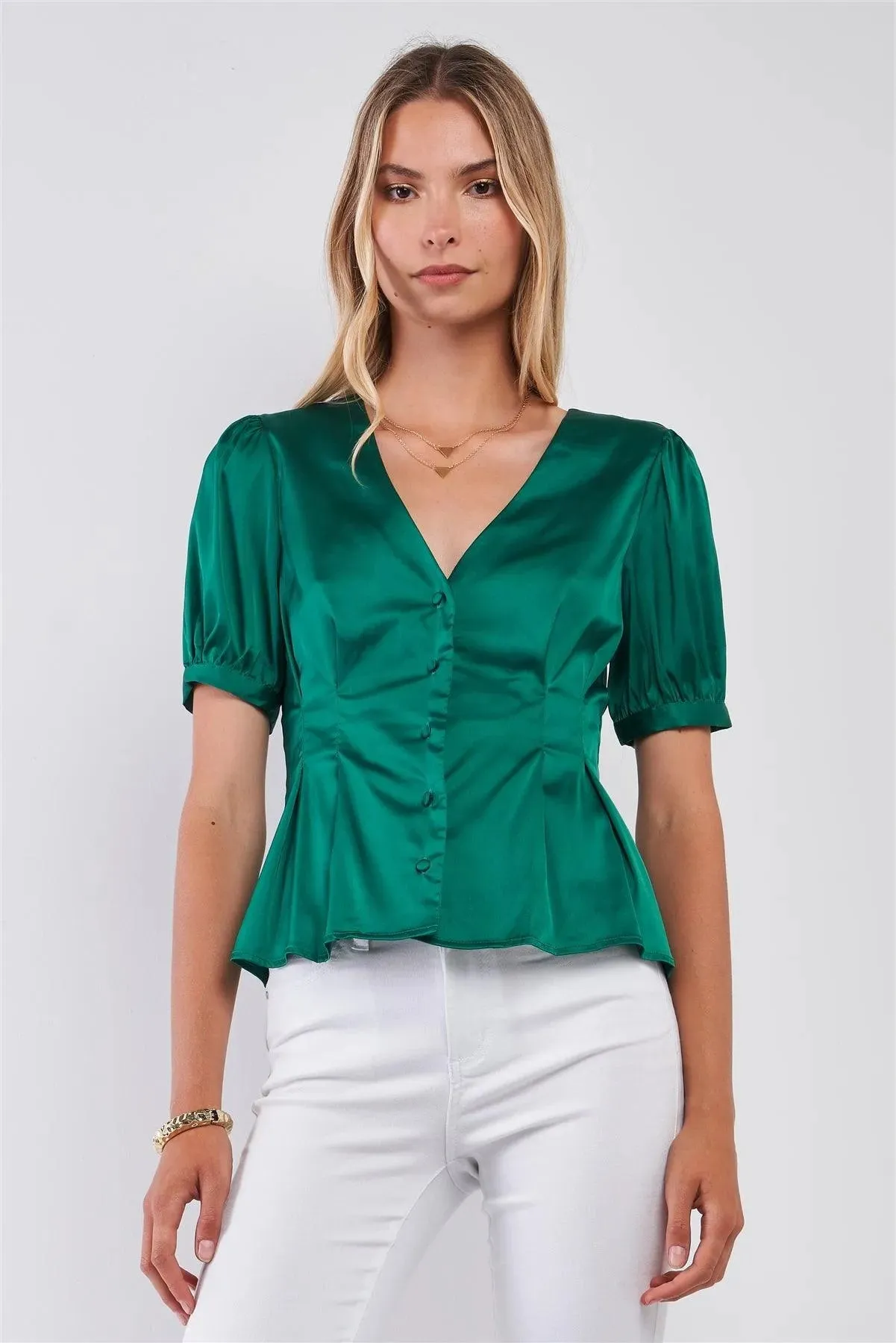 Green Satin Short Puff Sleeve V-Neck Button-Down Blouse /3-2-1