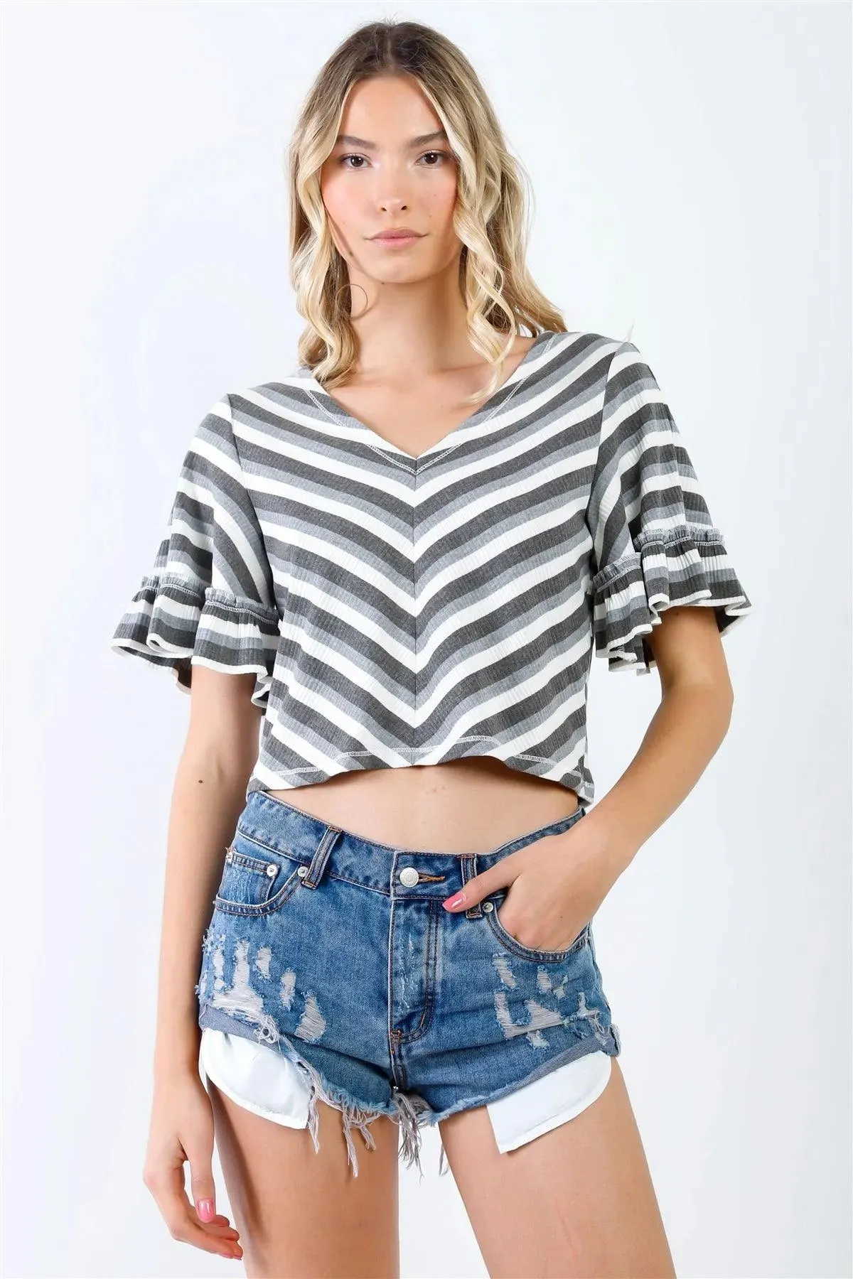 Grey Multi Color Stripe Ribbed Ruffle Short Sleeve V-Neck Crop Top /1-2-2-1