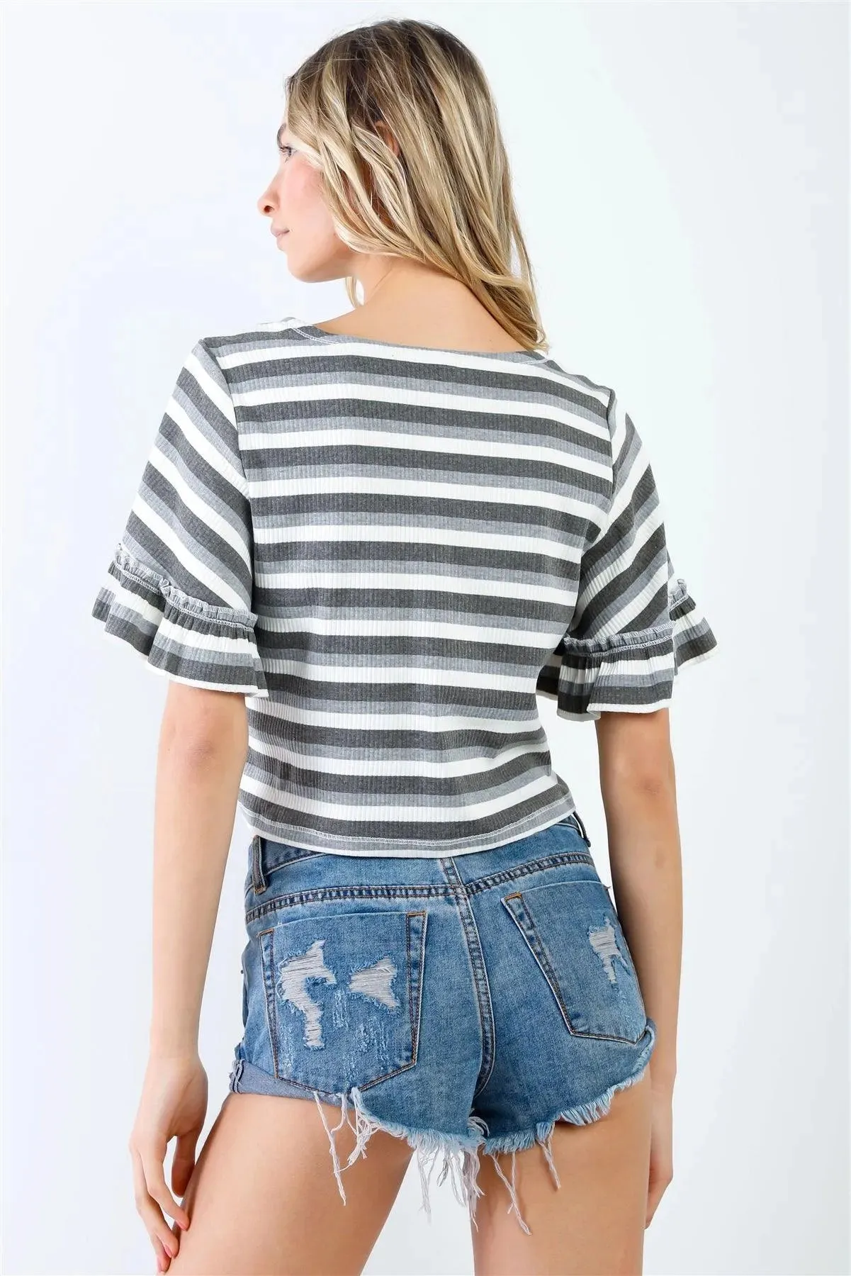 Grey Multi Color Stripe Ribbed Ruffle Short Sleeve V-Neck Crop Top /1-2-2-1