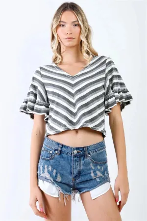 Grey Multi Color Stripe Ribbed Ruffle Short Sleeve V-Neck Crop Top /1-2-2-1