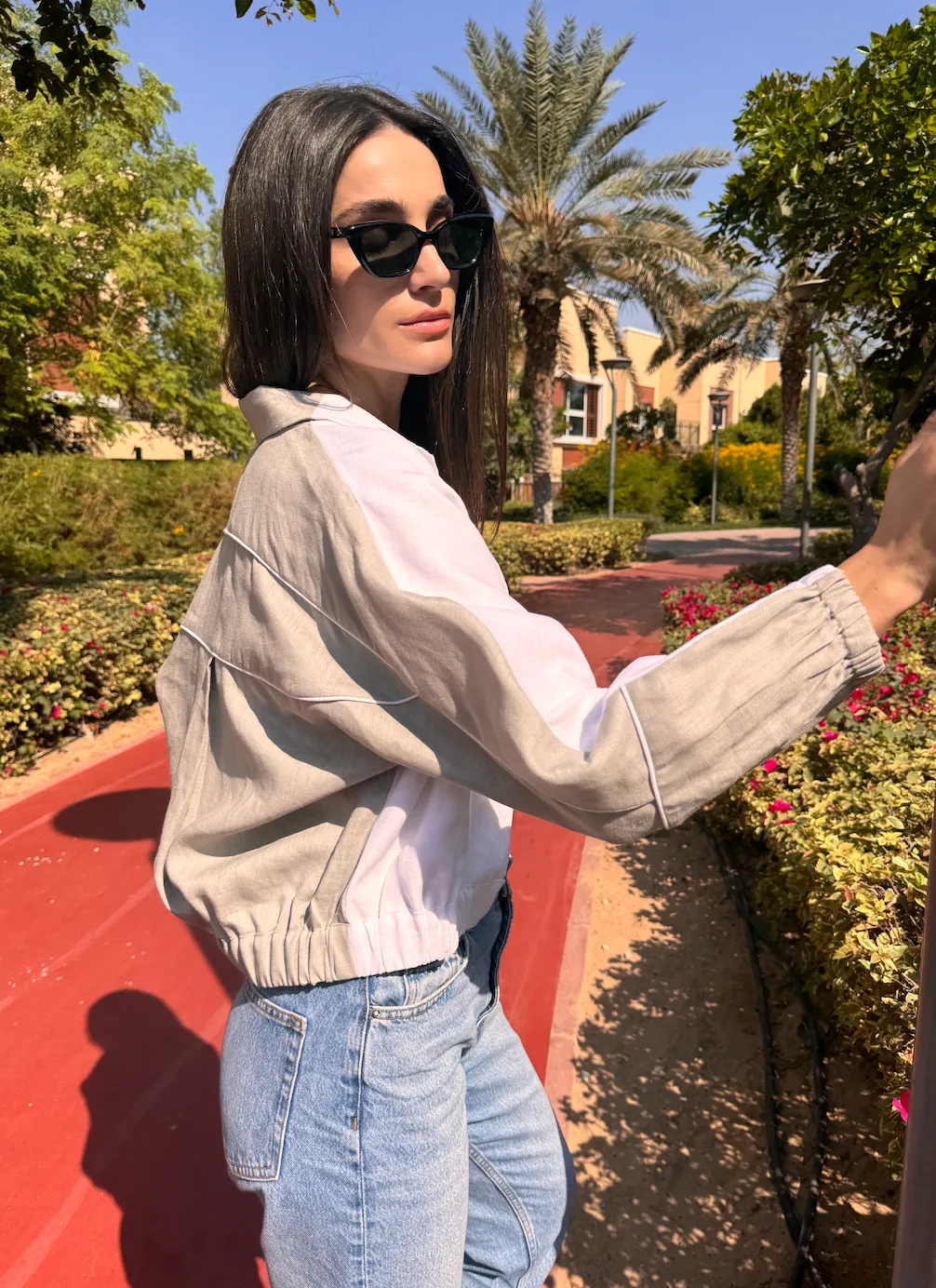 HALF HALF BOMBER- Grey Linen Front