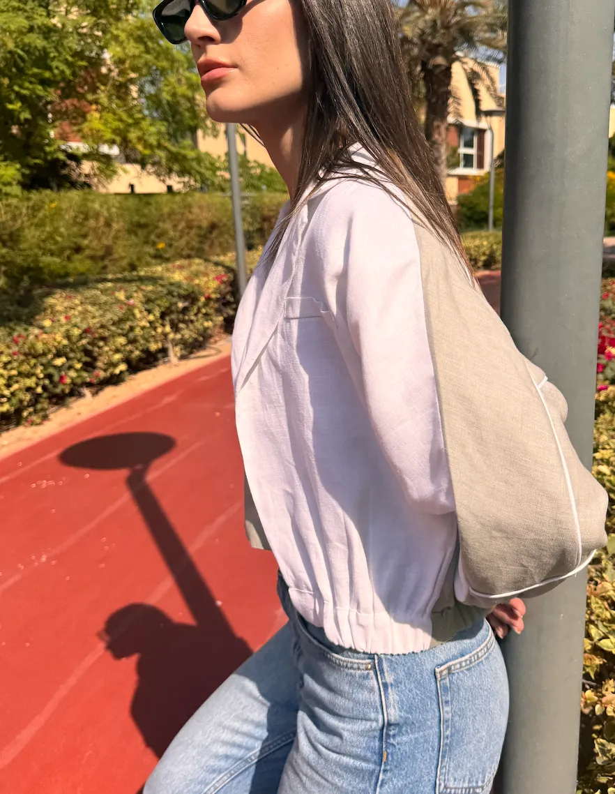 HALF HALF BOMBER- Grey Linen Front