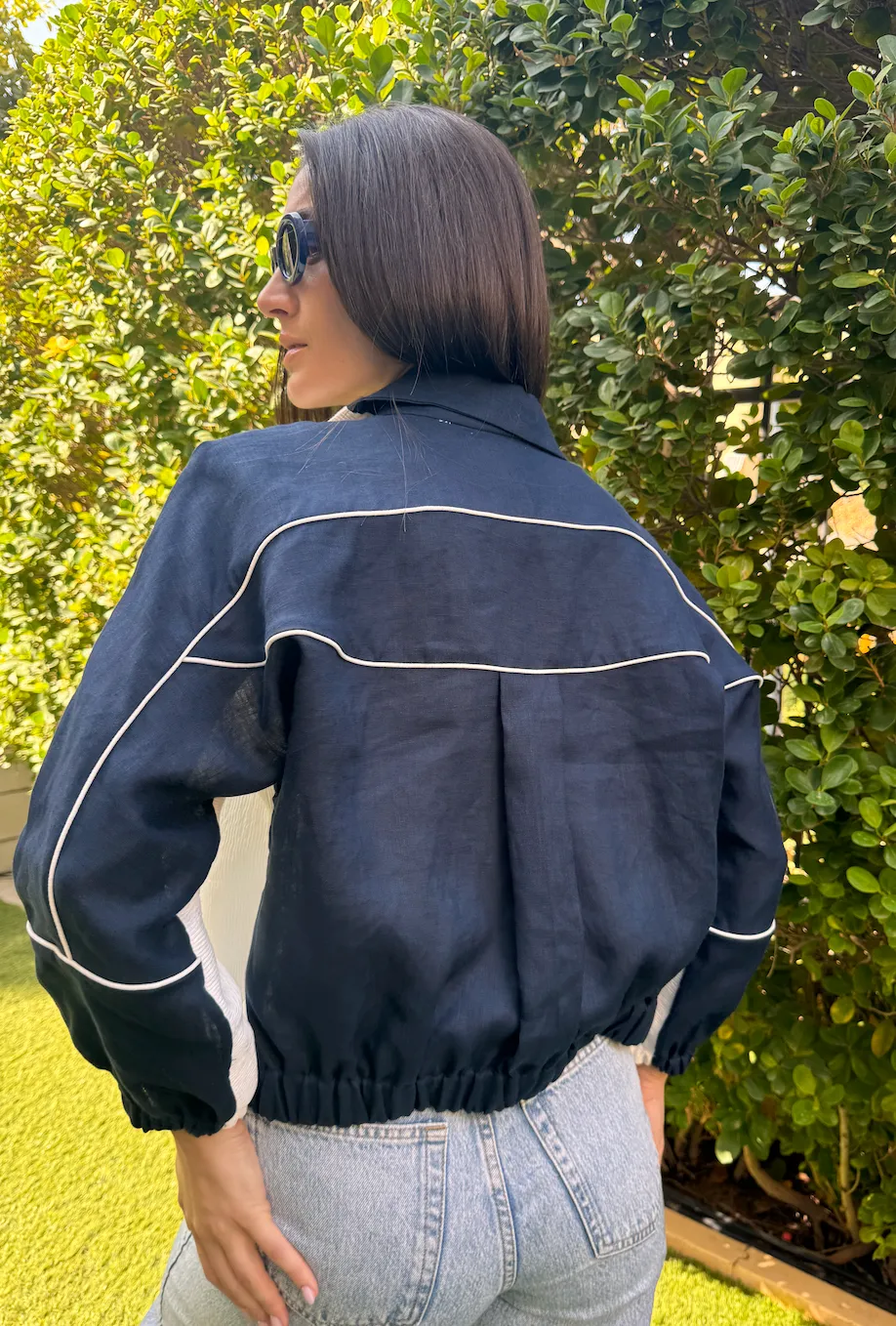 HALF HALF BOMBER- Navy Pleated Front
