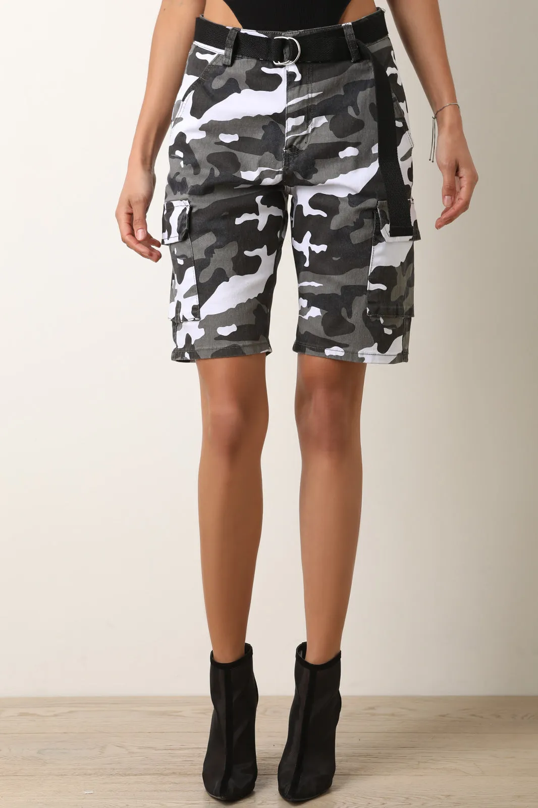 High Rise Camouflage Belted Cargo Shorts