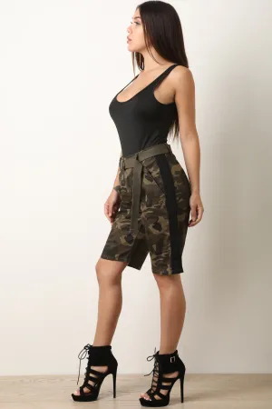 High Rise Camouflage Side Stripe Belted Cargo Shorts
