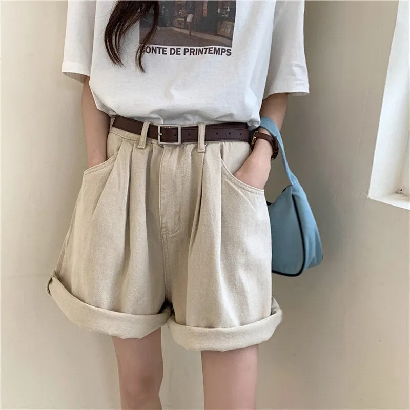 High Waist Rolled Denim Shorts Jeans