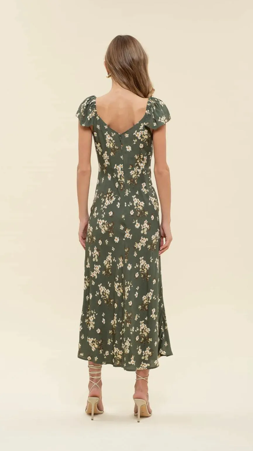 HUNTER GREEN FLORAL V NECK RUFFLE SLEEVE SIDE SLIT MIDI DRESS