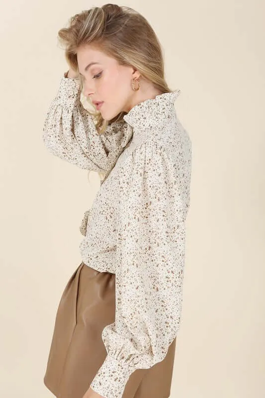 Ivory Stand Collar Floral Frill Long Sleeve Blouse