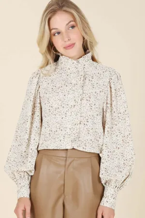 Ivory Stand Collar Floral Frill Long Sleeve Blouse