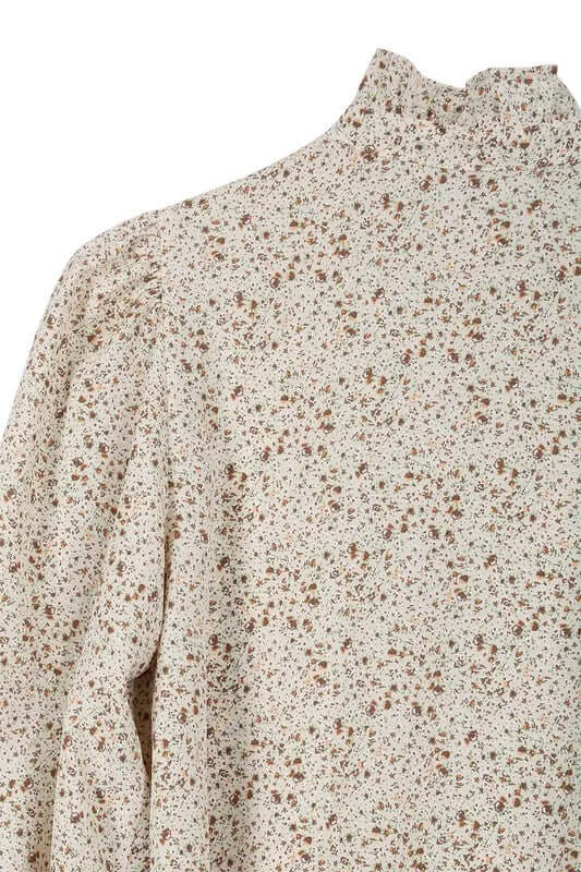 Ivory Stand Collar Floral Frill Long Sleeve Blouse