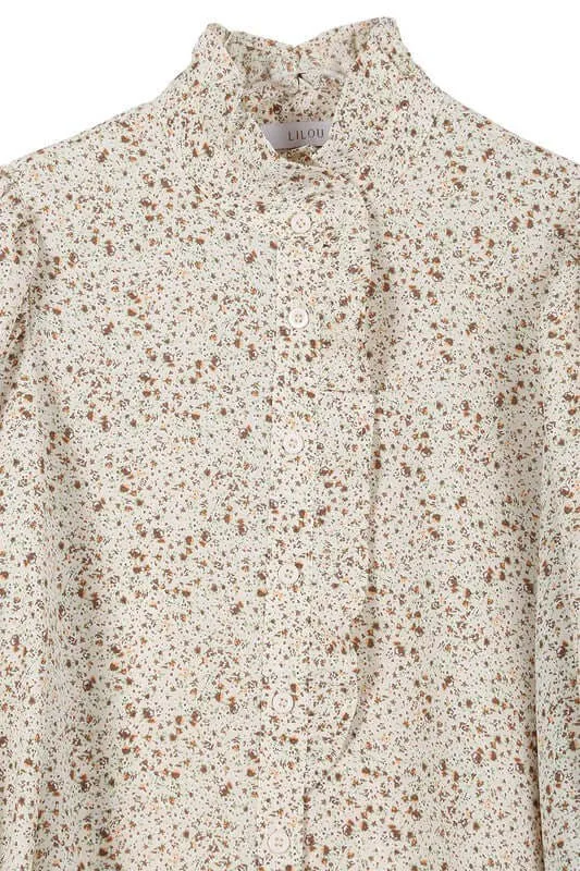 Ivory Stand Collar Floral Frill Long Sleeve Blouse
