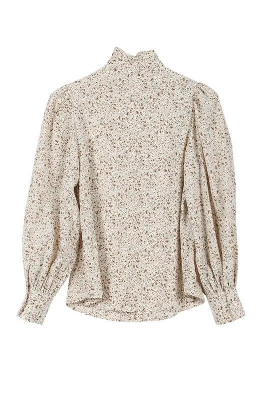 Ivory Stand Collar Floral Frill Long Sleeve Blouse