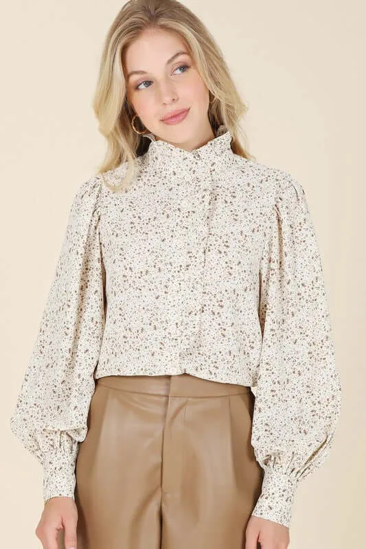 Ivory Stand Collar Floral Frill Long Sleeve Blouse